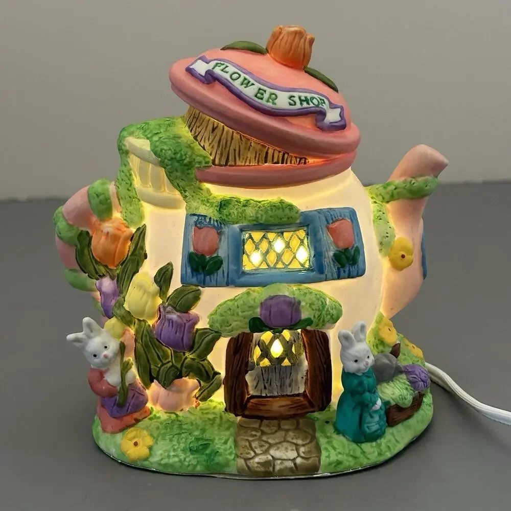 Spring Easter Lighted Teapot Bunny Flower Shop Figurine Decor Vintage NO BOX